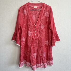 LulaSoul 100% cotton Sequined Shift dress Coral Floral Fringe Boho Large Ae11